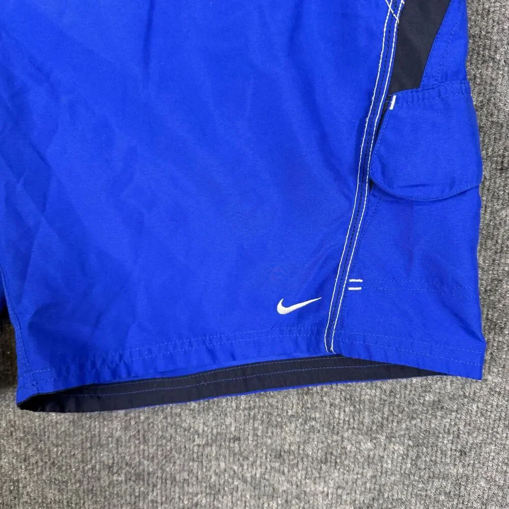 Nike Men Swim Trunks Board Shorts Size 2XL Blue Black Lined Cargo Pocket (40x6)